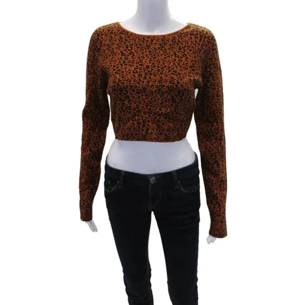 Urban Outfitters Womens Scoop Neck Leopard Print Cropped Sweater Brown Large